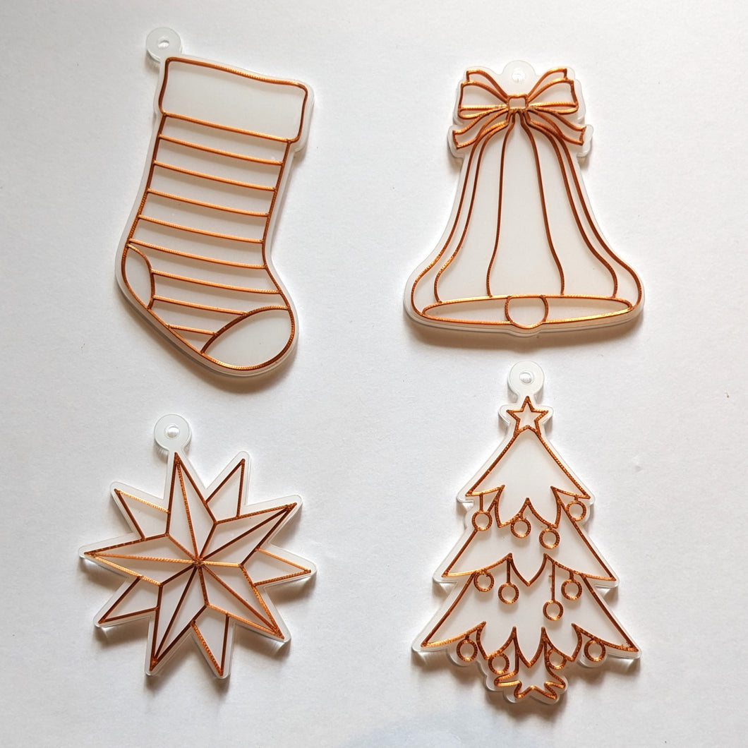 Holiday Tree Ornament Kit #3 (4 Patterns with acrylic bases and ribbons)