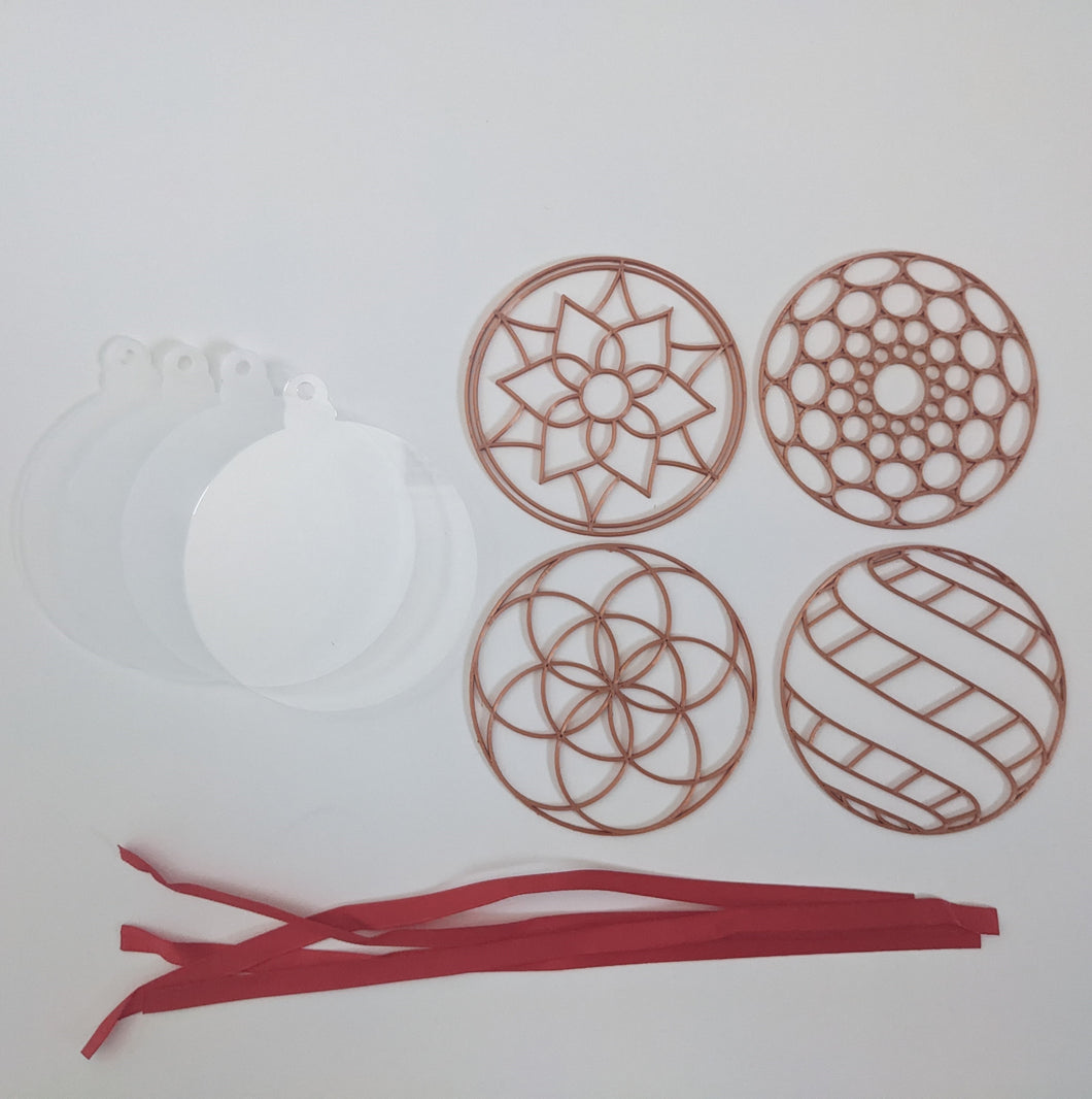 Holiday Tree Ornament Kit #1 (4 Patterns with acrylic bases and ribbons)